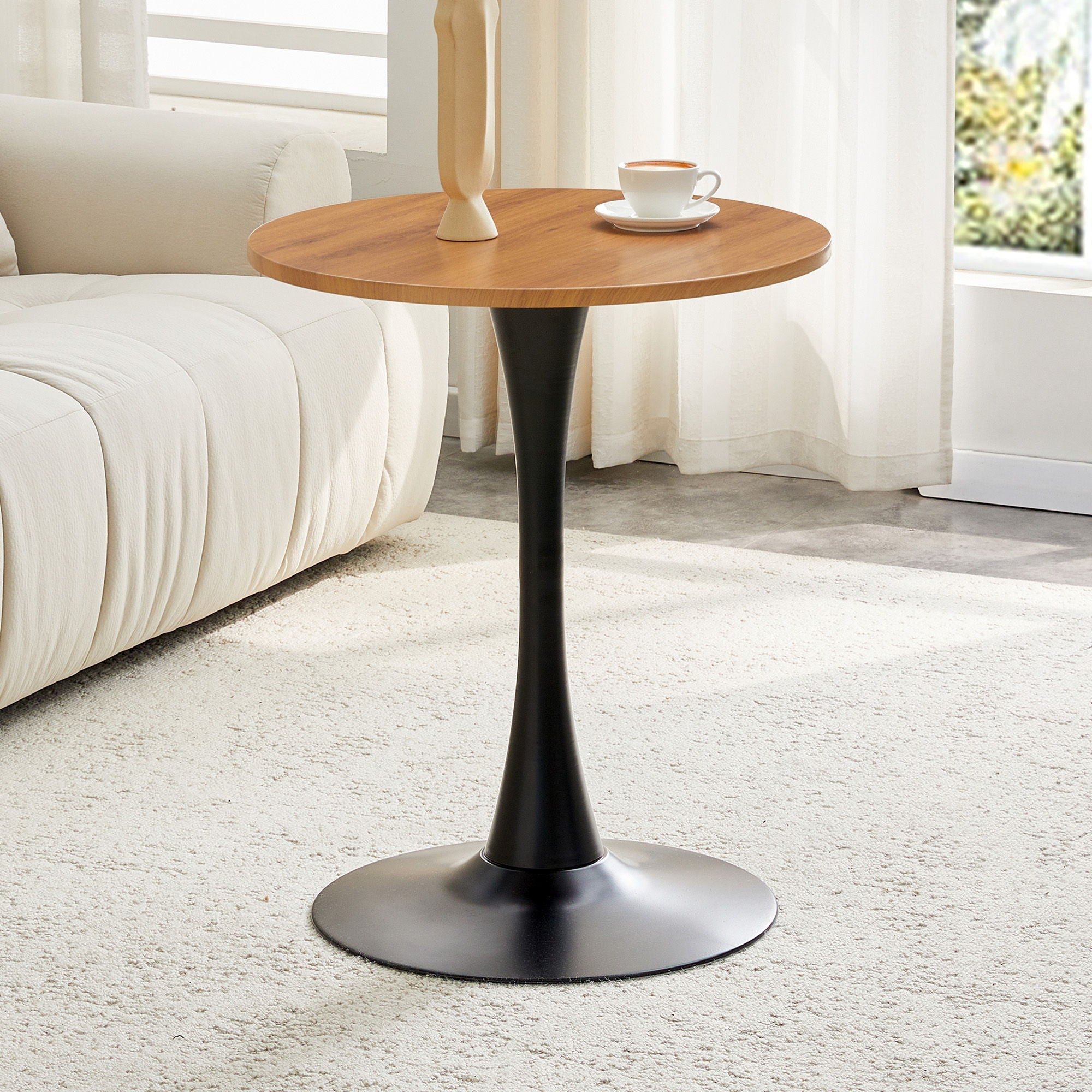 Round Dining Table With Faux Wood Top And Metal Pedestal, 23.6" Circle Table For Kitchen, Living Room, Small Spaces