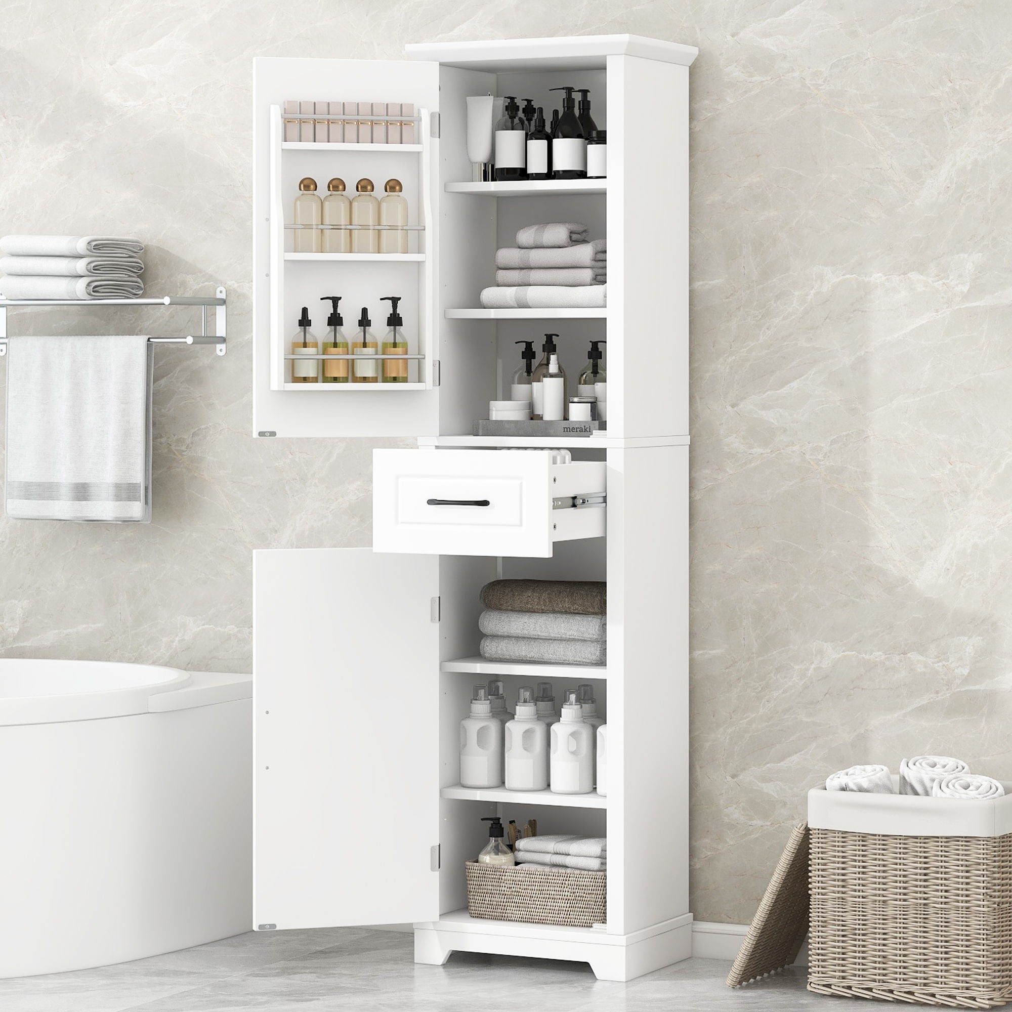 Tall Freestanding Bathroom Storage Cabinet With 2 Doors And Adjustable Shelves