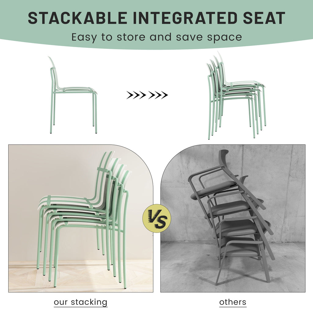 4 Piece Set Of Striped Color Blocking Single Chairs With Long Table - Cream White / Haze Green / White