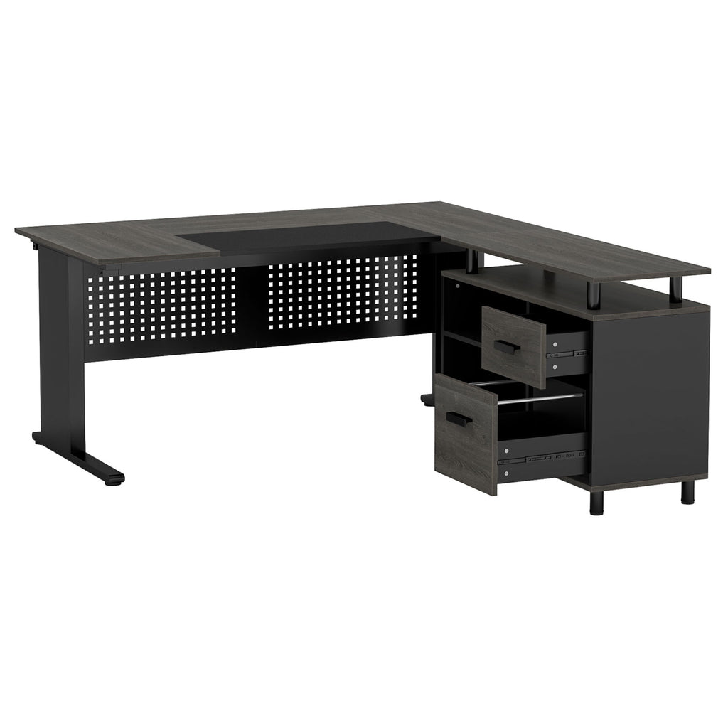L-Shaped Executive Desk With File Cabinet, Office Workstation With Drawers, Shelves & Storage