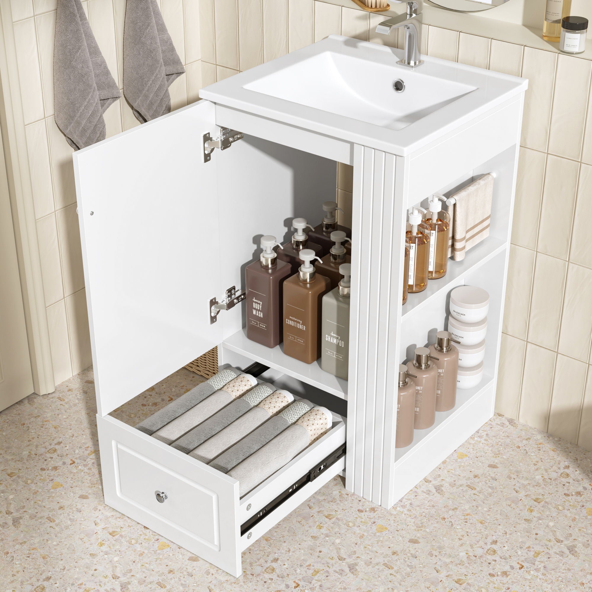 Modern Freestanding Bathroom Vanity With Sink, Soft-Close Drawer, Towel Bar