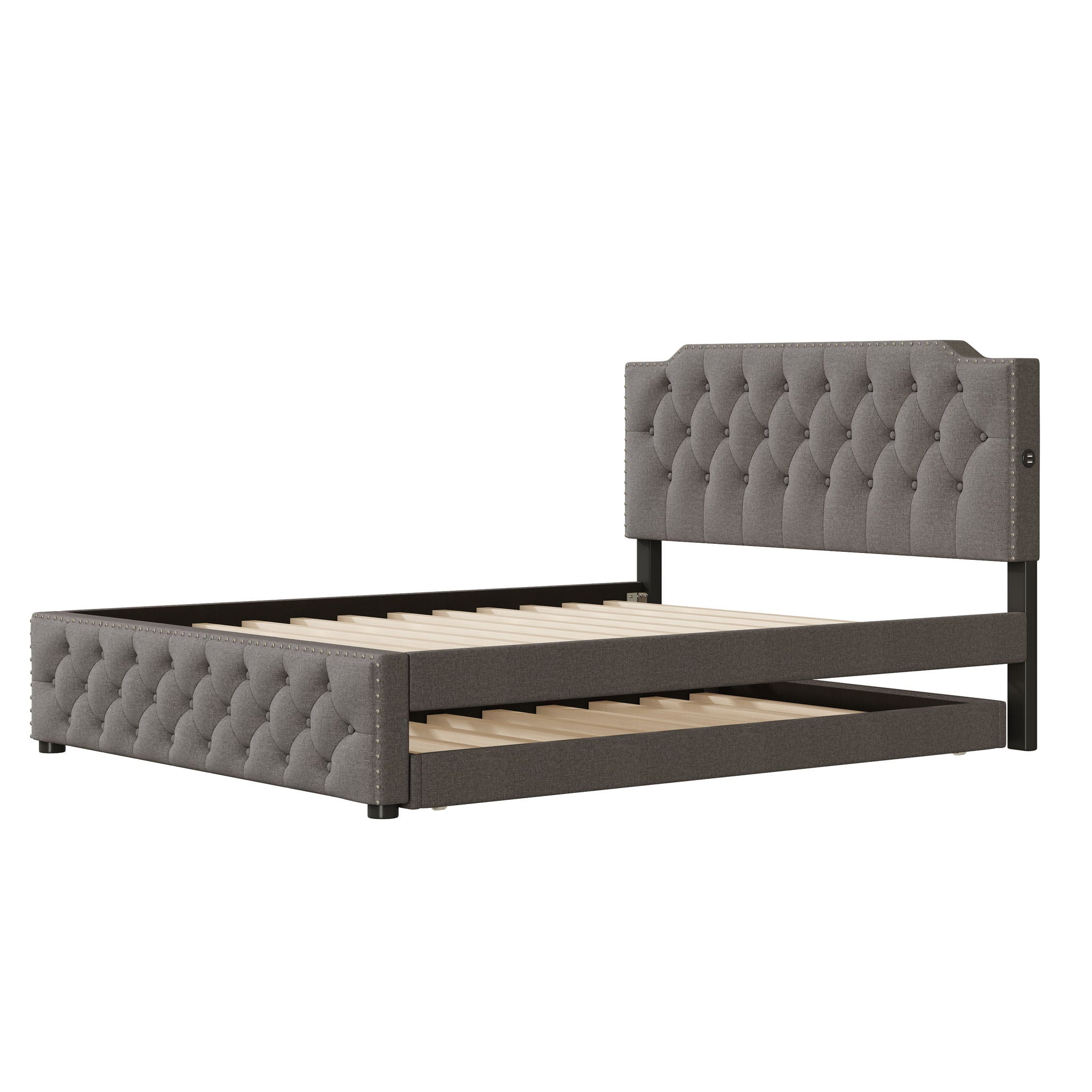 Upholstered Platform Bed With Trundle And 2 Sets Of USB Ports On Each Side, Fabric