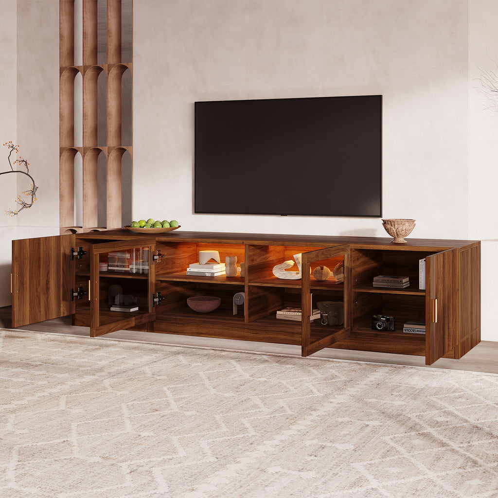 TV Stand, Media Console With Glass Doors And LED Lights, Adjustable Shelf Storage - Walnut