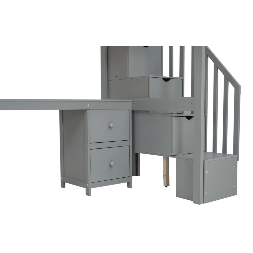 Loft Bed Frame With Built In Desk And Double Storage Drawers