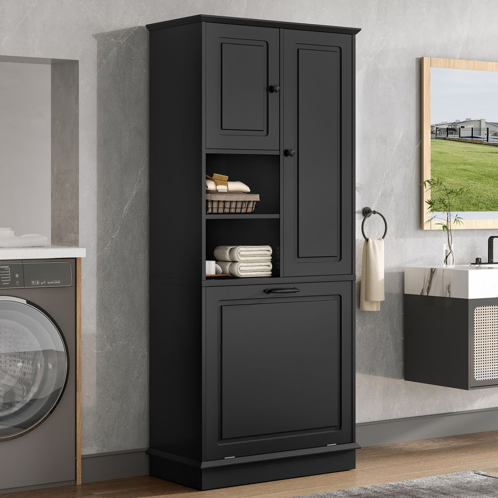 Modern Tall Storage Cabinet With Adjustable Shelves, Flip-Out Basket & Enclosed Doors