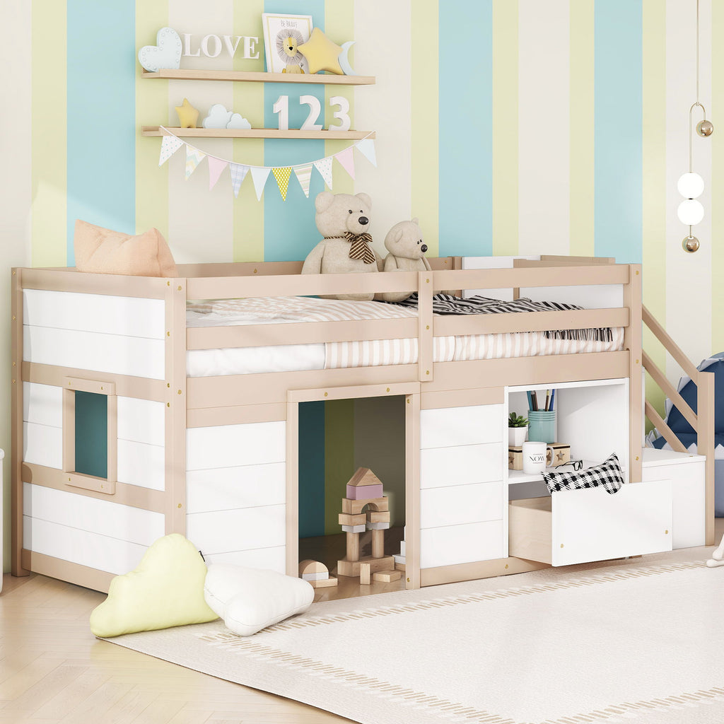 Low Loft Bed With Stair, Drawer, And Shelf