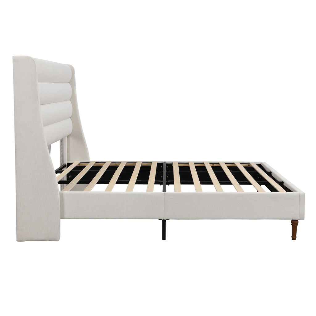 Modern Upholstered Platform Bed With Wave Shaped Headboard