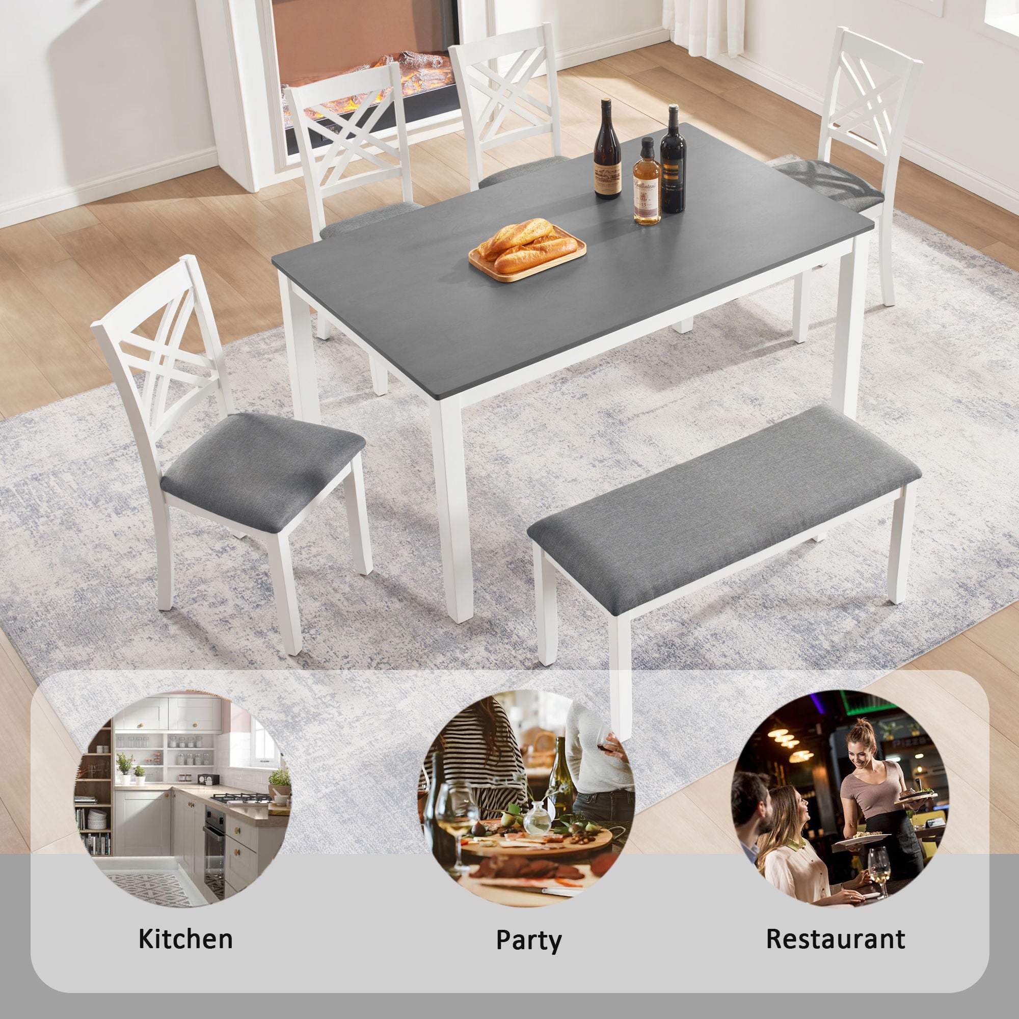 6 Piece Kitchen Dining Set, Rectangular Dining Table With 4 Upholstered Chairs And Bench - Gray / White