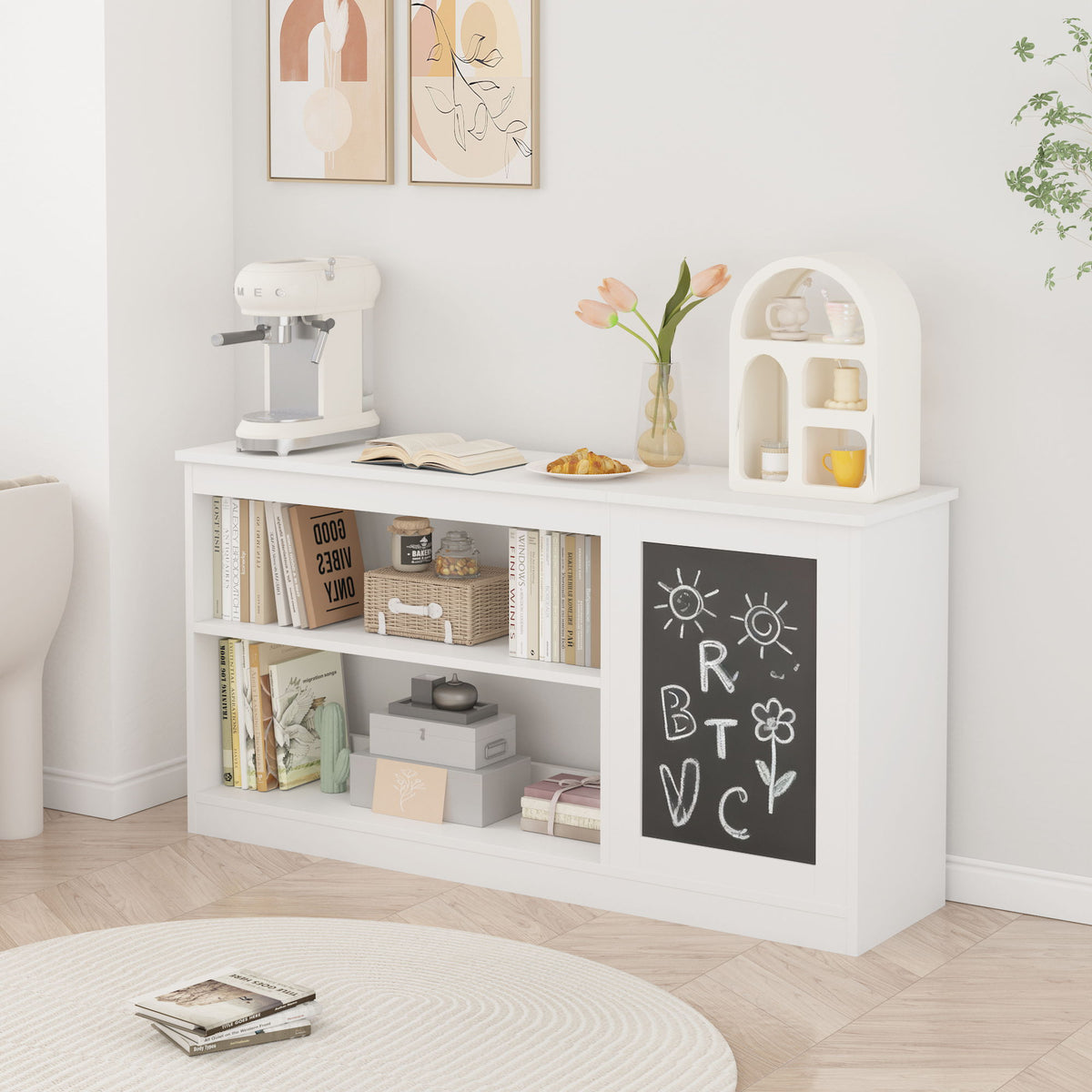 3 In 1 Bookshelf And Toy Storage Cabinet With Chalkboard, Organizer For Playroom Featuring And Spacious Storage - White