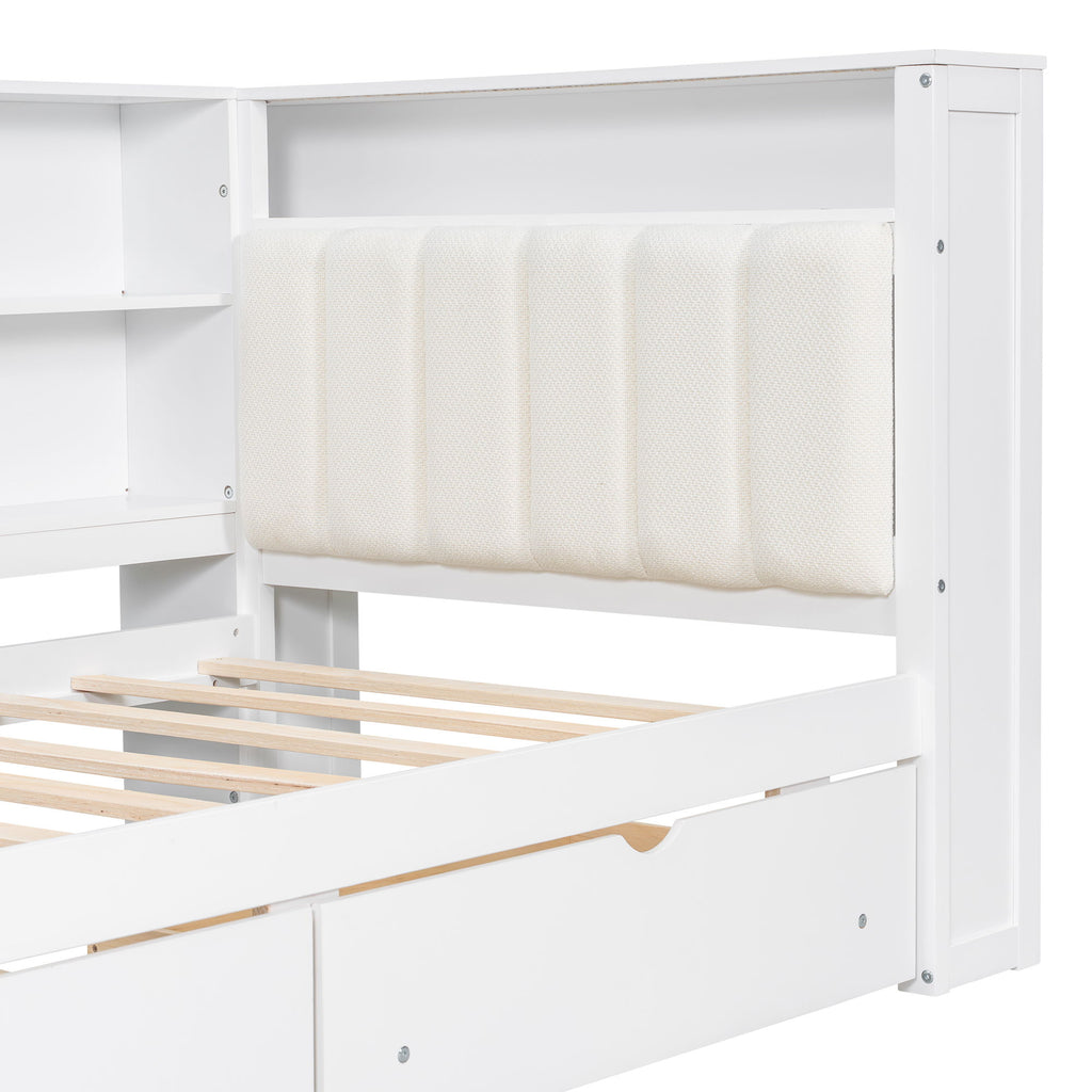 Platform Bed With Upholstered Headboard, Storage Shelves, Drawers, Charging Station, LED Lighting, Built In Desk
