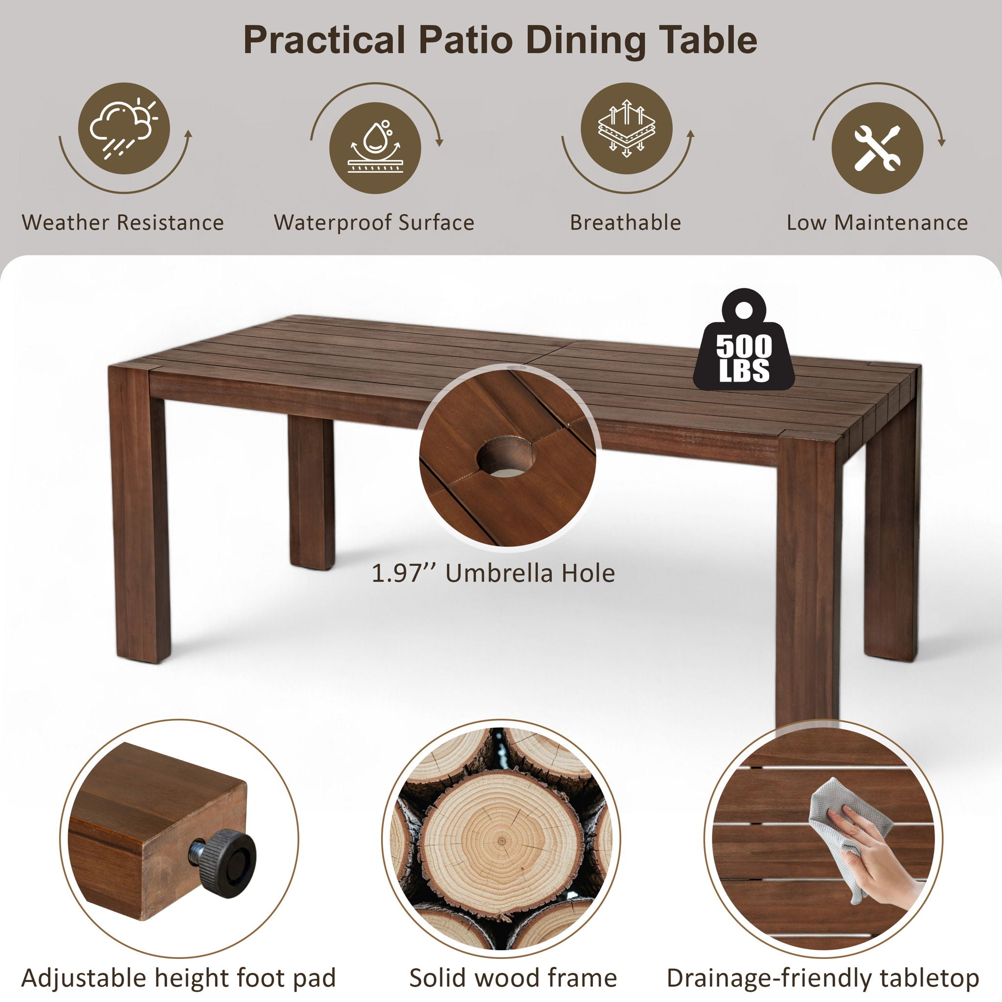 Rustic Patio Dining Set For 6 With Removable Cushions
