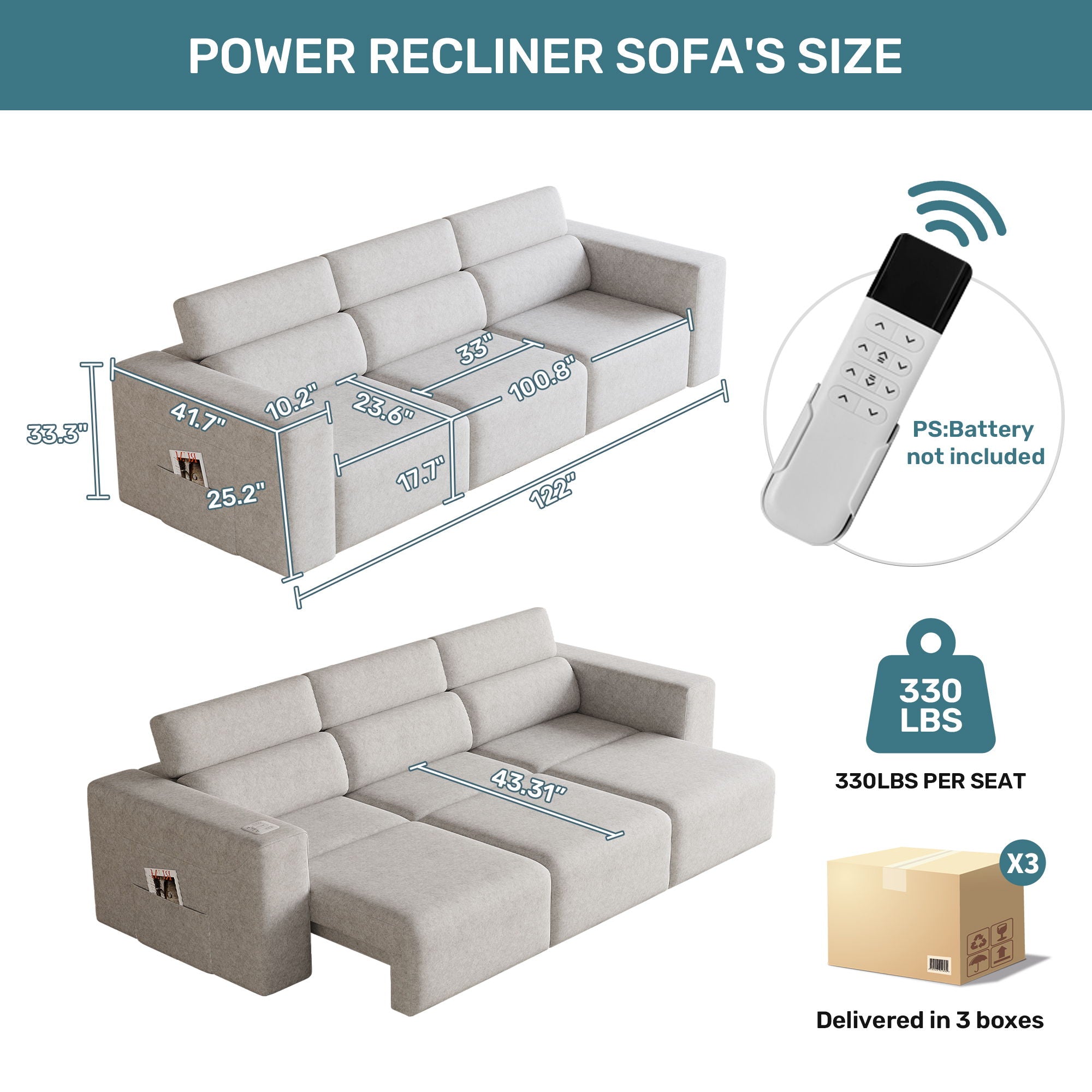 3 Seater Power Recliner Sofa With Wireless Charging And Remote Control - Gray