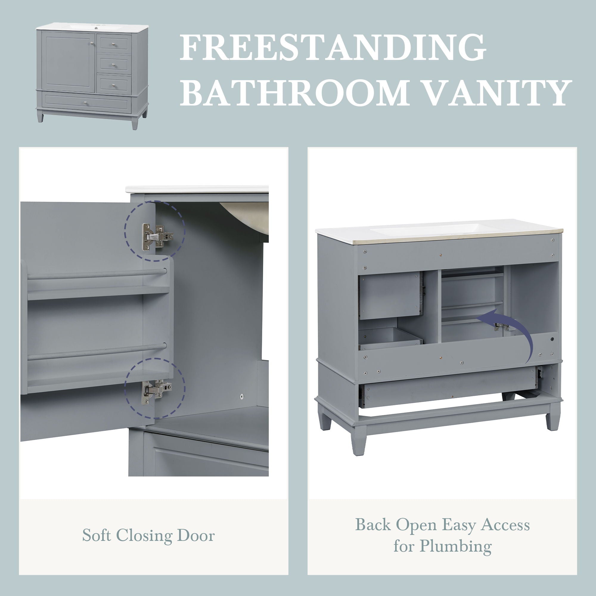 Modern Bathroom Vanity With Sink, 3 Drawers & Cabinet