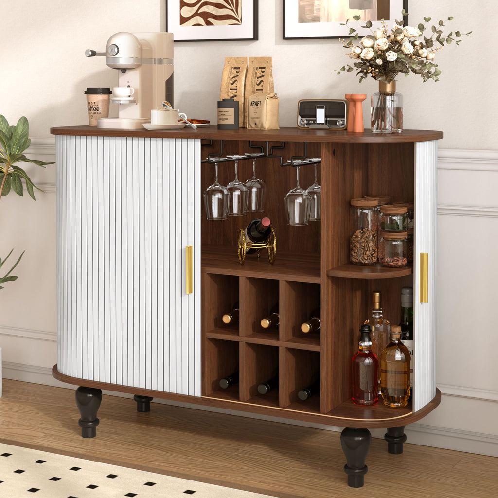 Fluted Liquor & Coffee Bar Cabinet With 6 Wine Racks And 3 Glass Holders