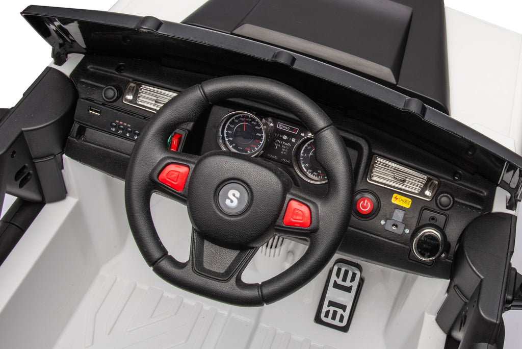 12V7A 30W*2 Four-Wheel Drive Seat One Button Start, Forward And Backward, High And Low Speed, Music, Front Light, Power Display, Two Doors Can Open, 2.4G R / C, Seat Belt Four Wheel Absorber