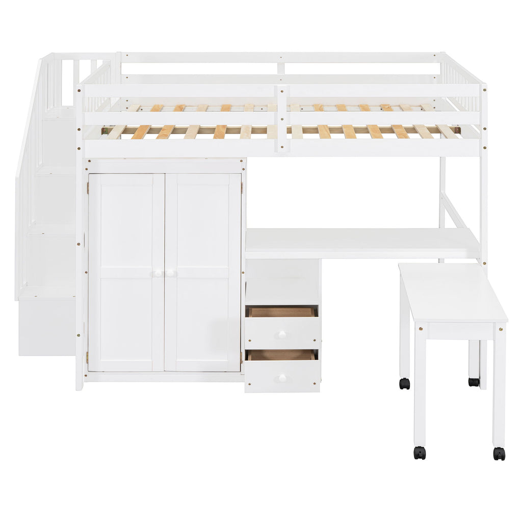 Loft Bed With Stairs, Bookshelf, Drawers, Desk & Wardrobe, Space Saving Multifunctional Furniture