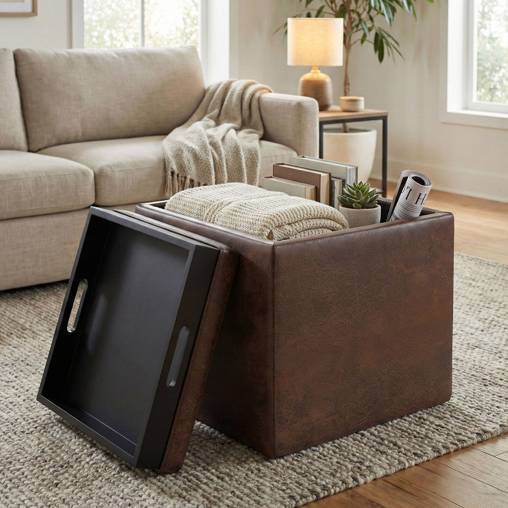 Rockwood - Upholstered Cube Storage Ottoman With Tray