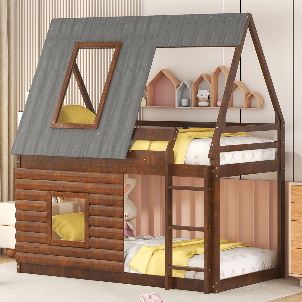 Twin Size House Bunk Bed With Roof, Ladder And 2 Windows - Brown & Smoky Gray