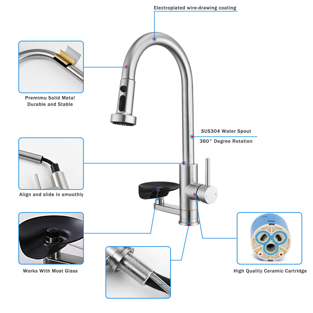 3 In 1 Kitchen Faucet With Press Type Glass Rinser, High Arc Pull Down Sprayer