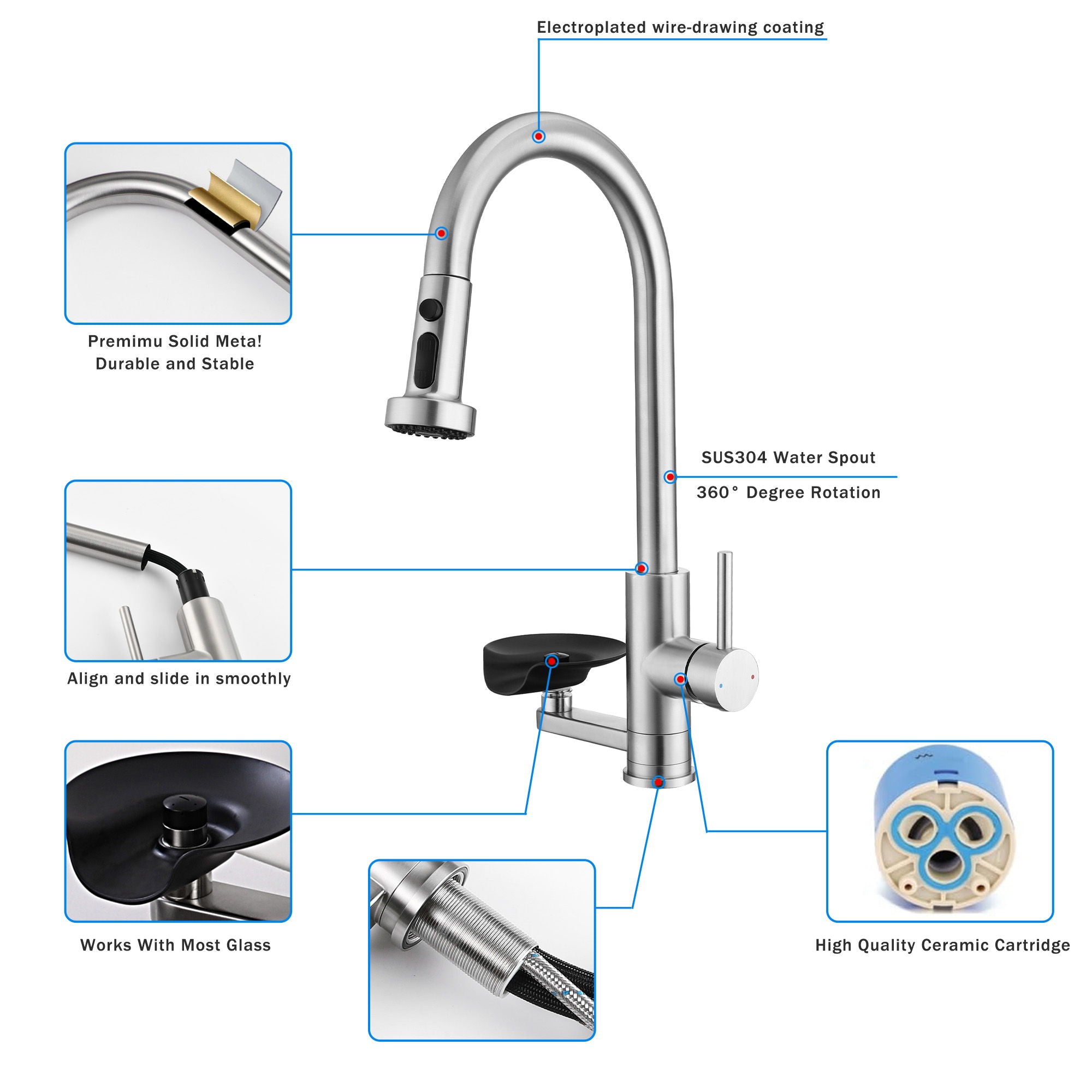 3 In 1 Kitchen Faucet With Press Type Glass Rinser, High Arc Pull Down Sprayer