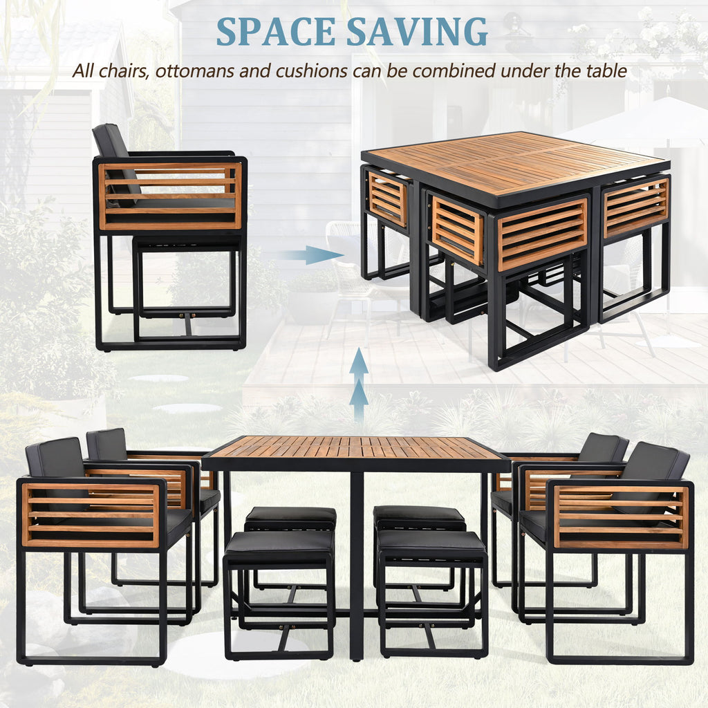 Acacia Wood Patio Dining Set, Cushioned Chairs & Ottomans Square Table
