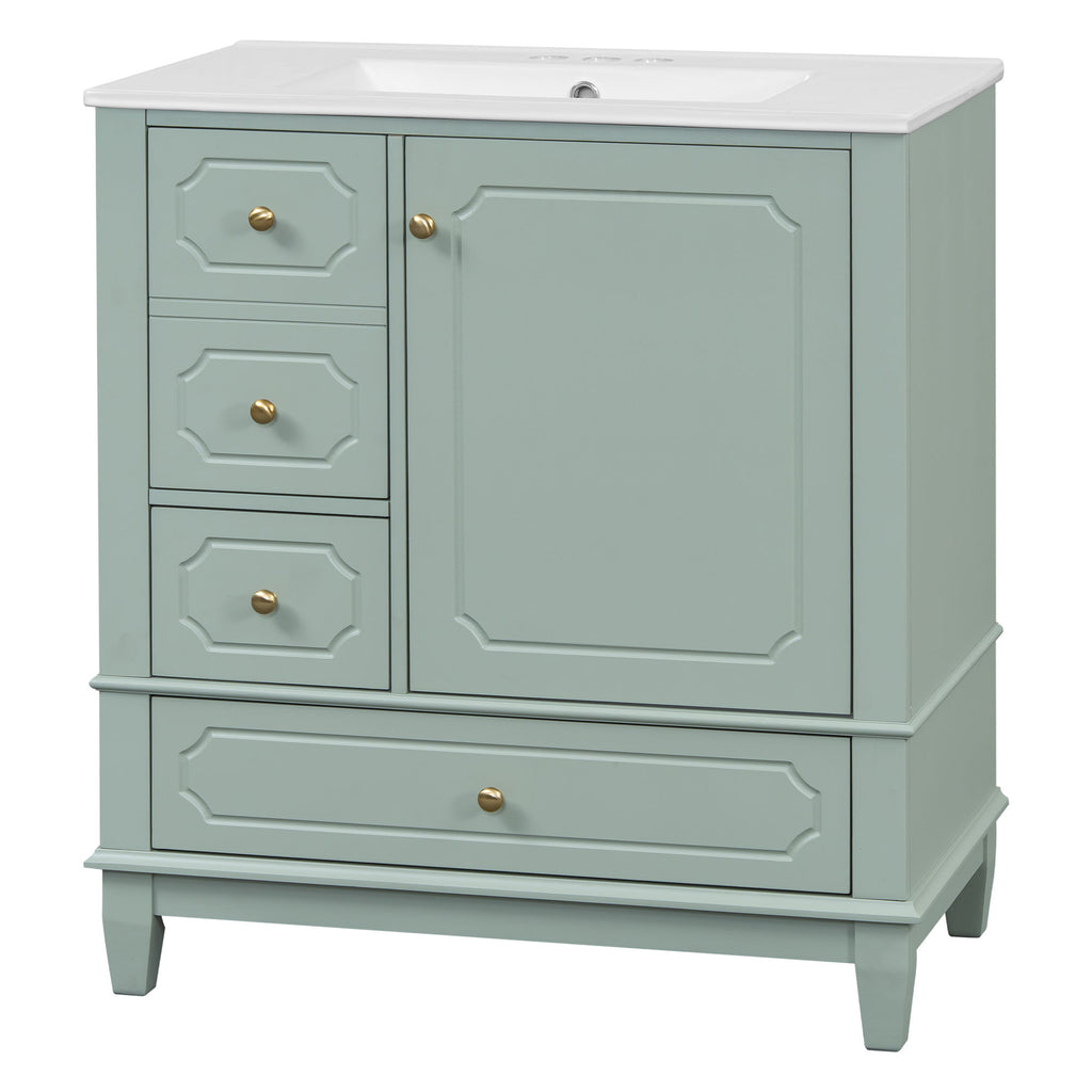 Bathroom Vanity With Sink, Freestanding Vanity Cabinet With Ceramic Basin, Soft Close Door, 3 Drawers