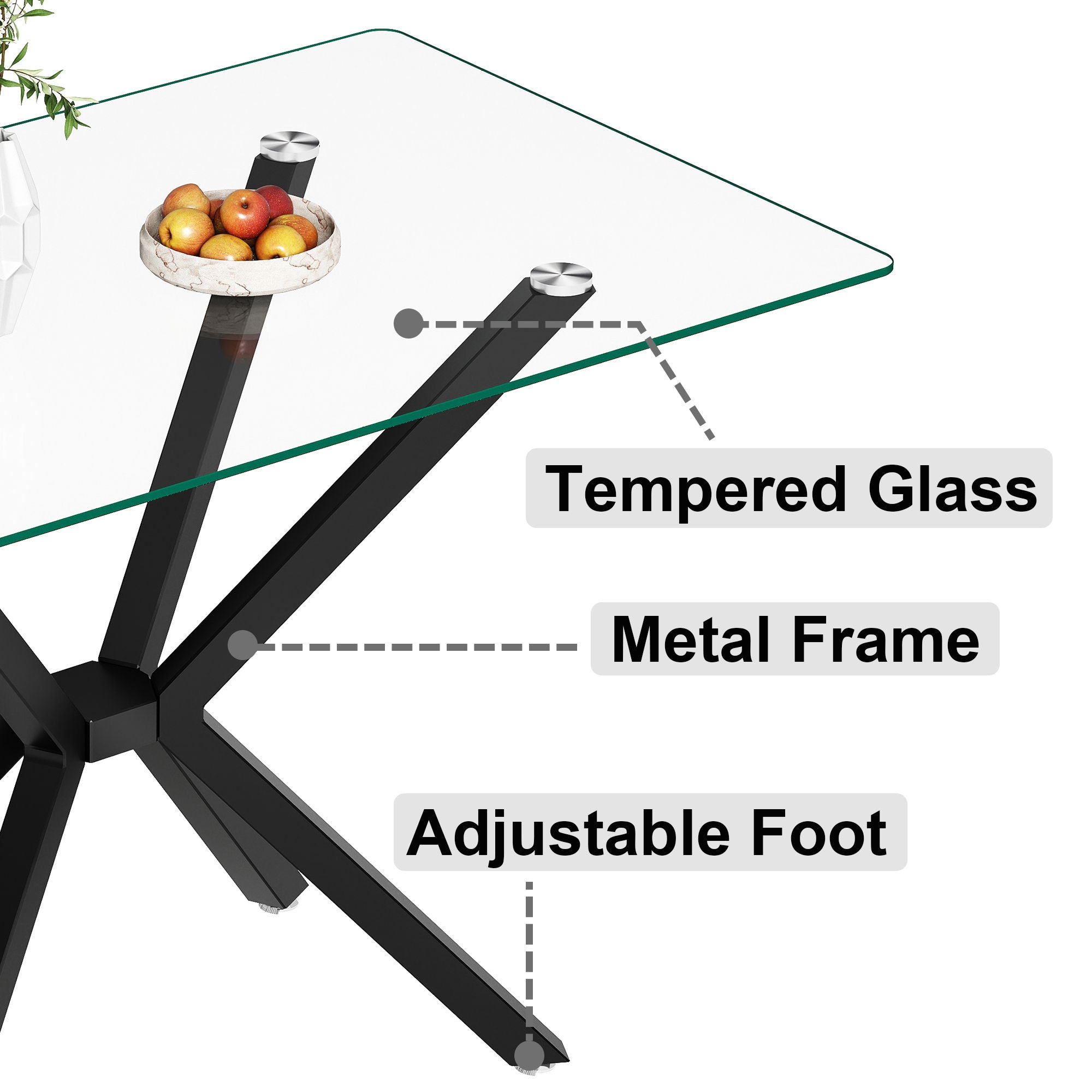 Rectangular Clear Tempered Glass Dining Table, Stylish Design With Plated Metal Legs