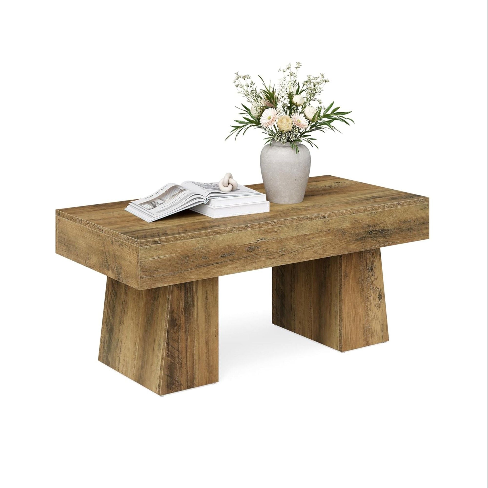Rectangular Accent Coffee Table With Thick Base, Low Cocktail Tea Furniture For Living Room - Rustic Brown