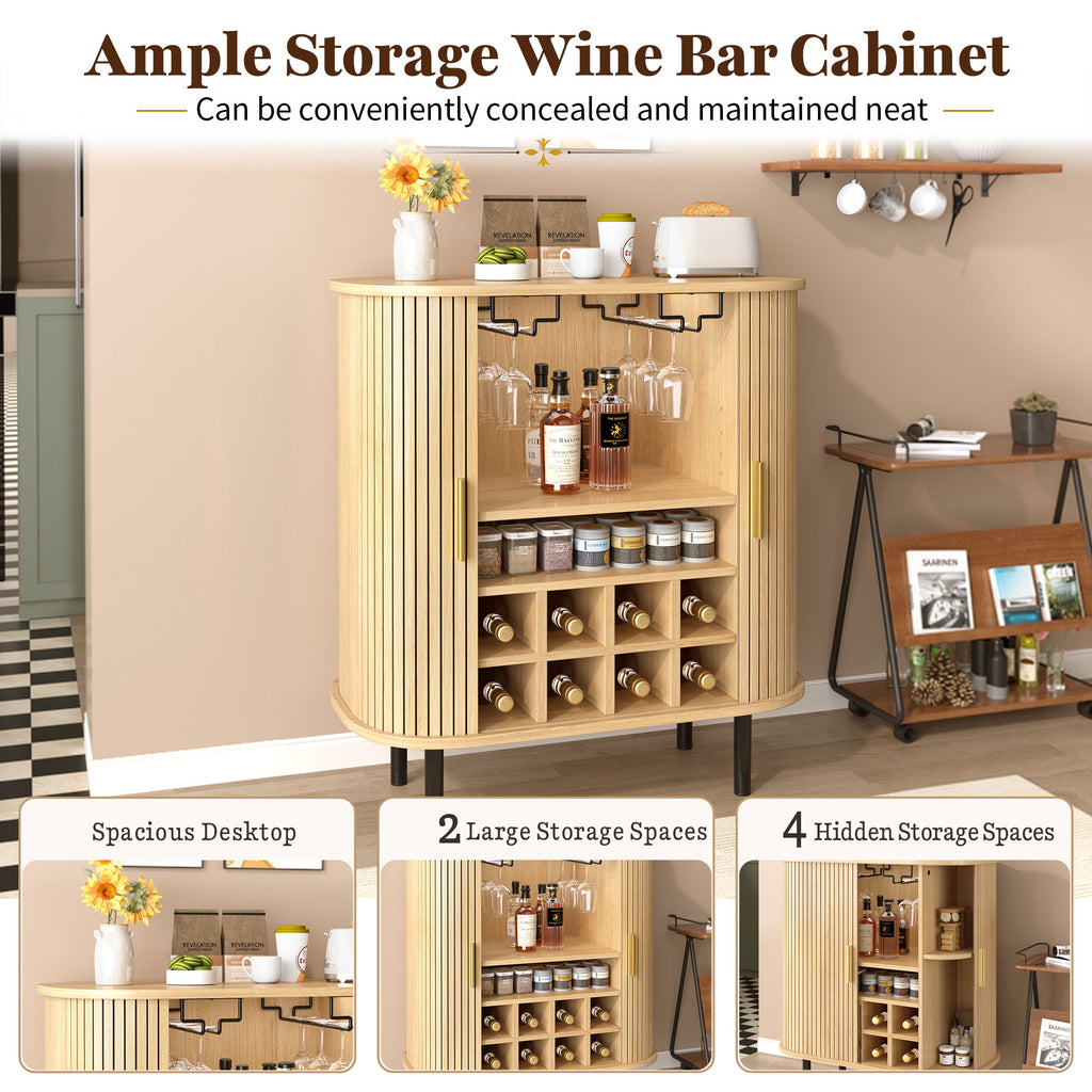 Fluted Wine Bar Cabinet With 8 Grid Wine Rack, 5 Level Adjustable Shelves, 2 Glass Holders