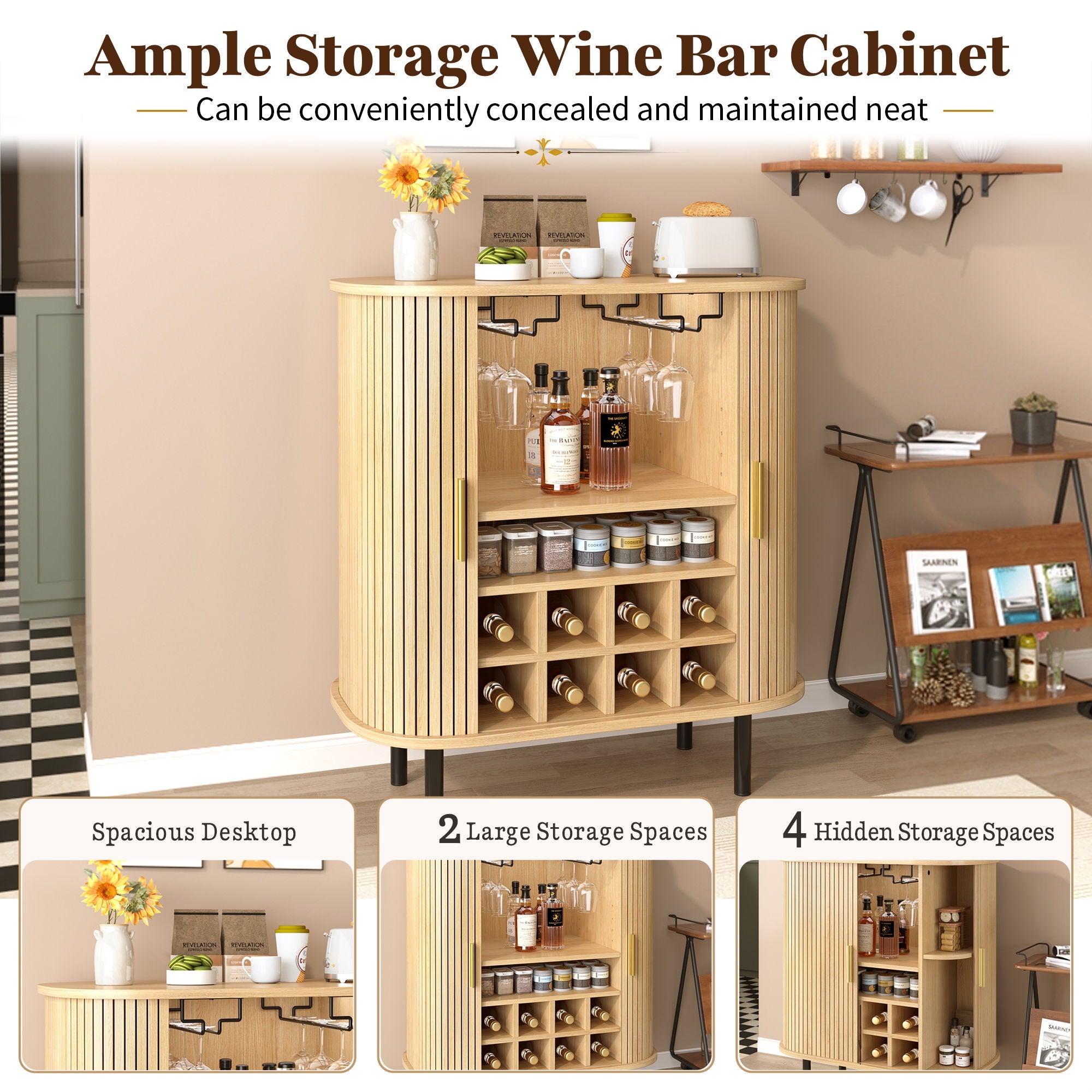 Fluted Wine Bar Cabinet With 8 Grid Wine Rack, 5 Level Adjustable Shelves, 2 Glass Holders