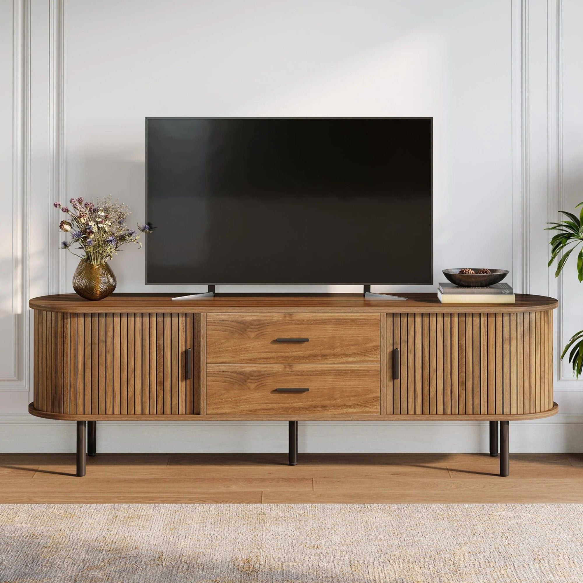 Fluted TV Stand With Tambour Sliding Doors - Walnut