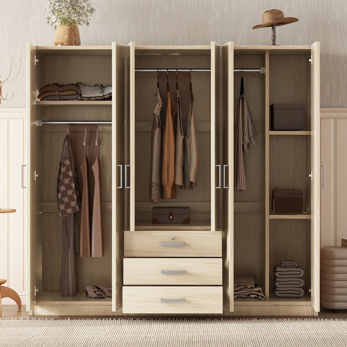 6 Doors Wardrobe Storage For Bedroom, With Big Drawers