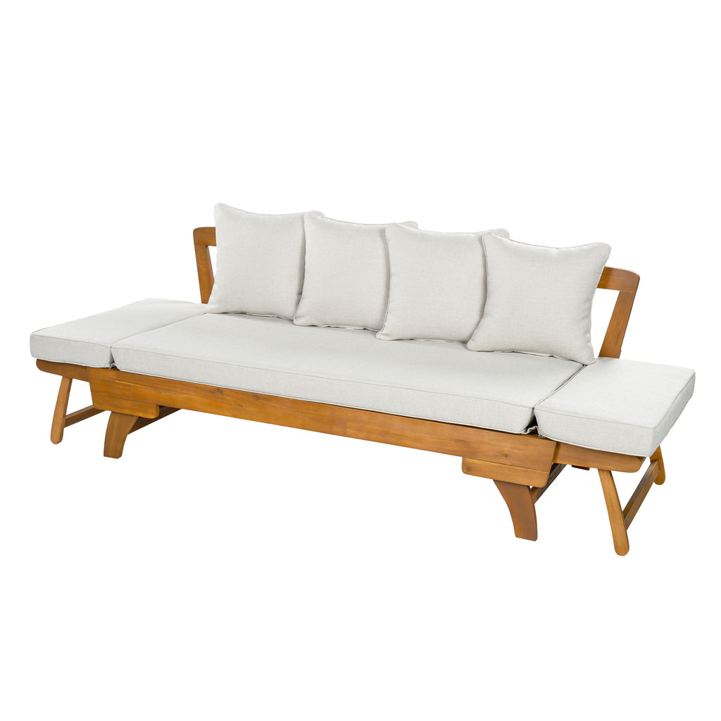 Outdoor Patio Daybed Sofa With Foldable Arm, 3 Seat With 4 Back Pillows - Beige / Teak