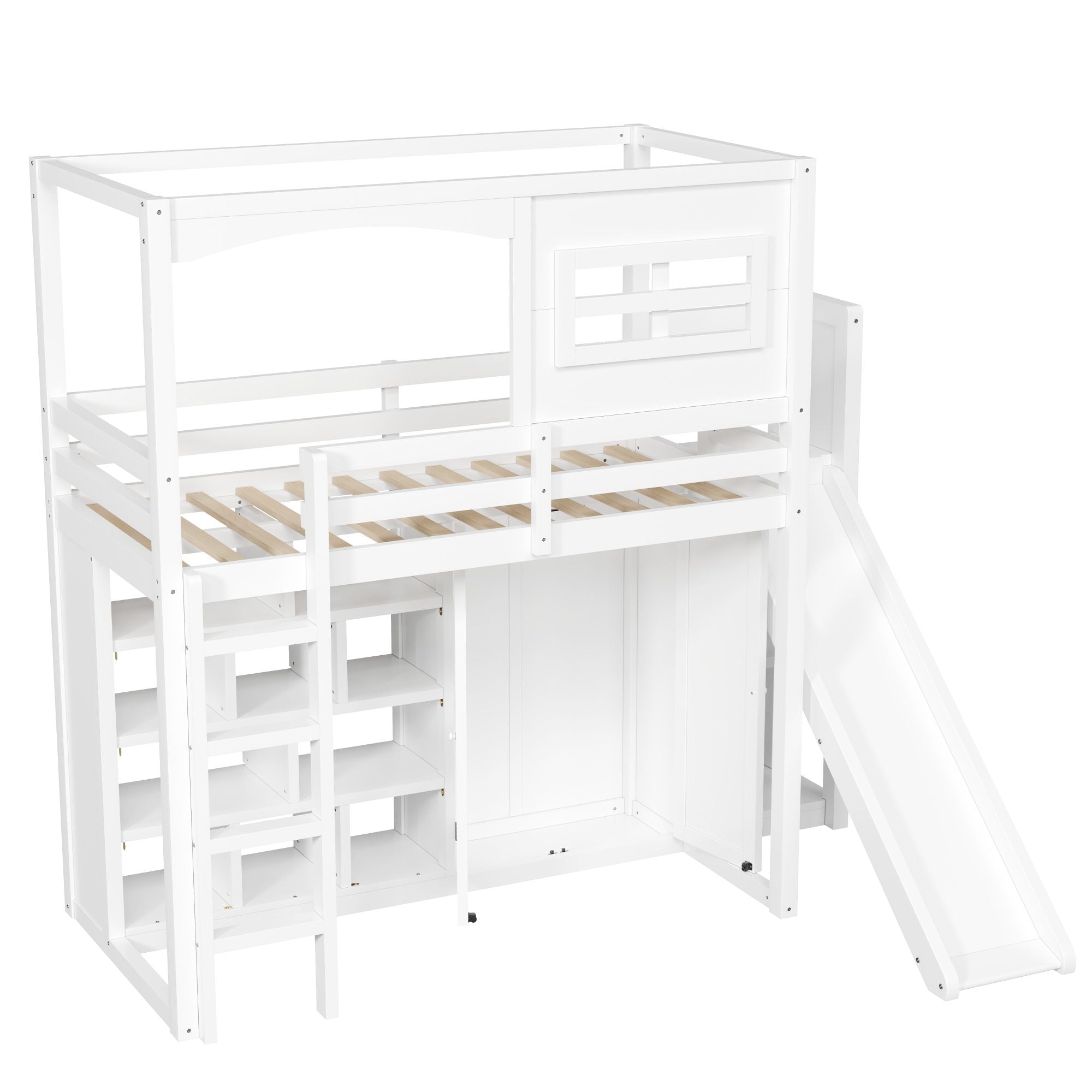 Twin Size Loft Bed With Wardrobe, Storage Shelves, Slide And LED - White