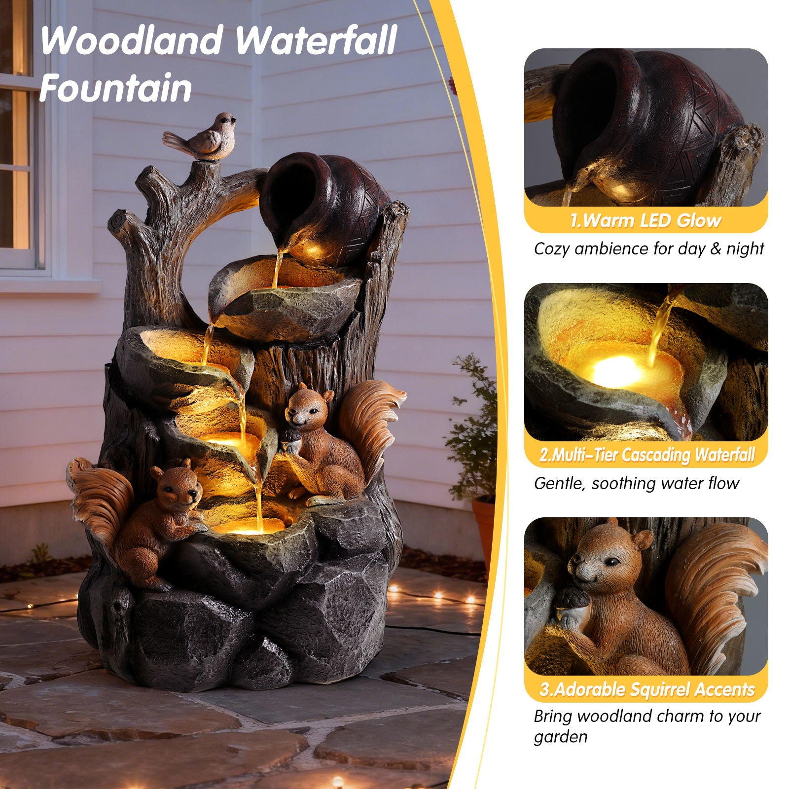 Outdoor Squirrel, Tiered Waterfall Fountain With LED Light For Patio - Gray
