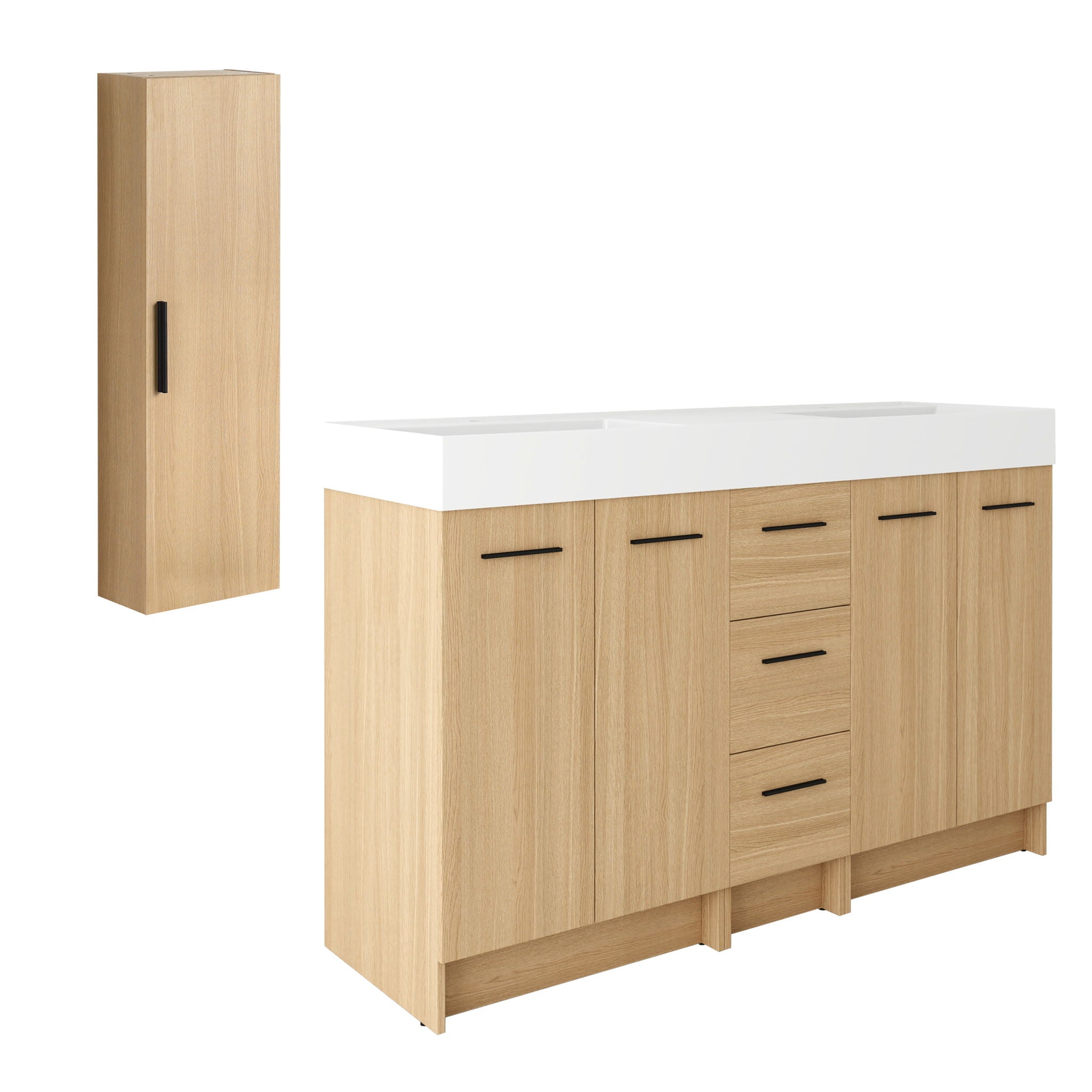 Double Sink Bathroom Vanity Set With Tall Linen Cabinet, 3 Drawers, Extra Large Storage, Integrated Sink, Freestanding Cabinet - Light Oak / White