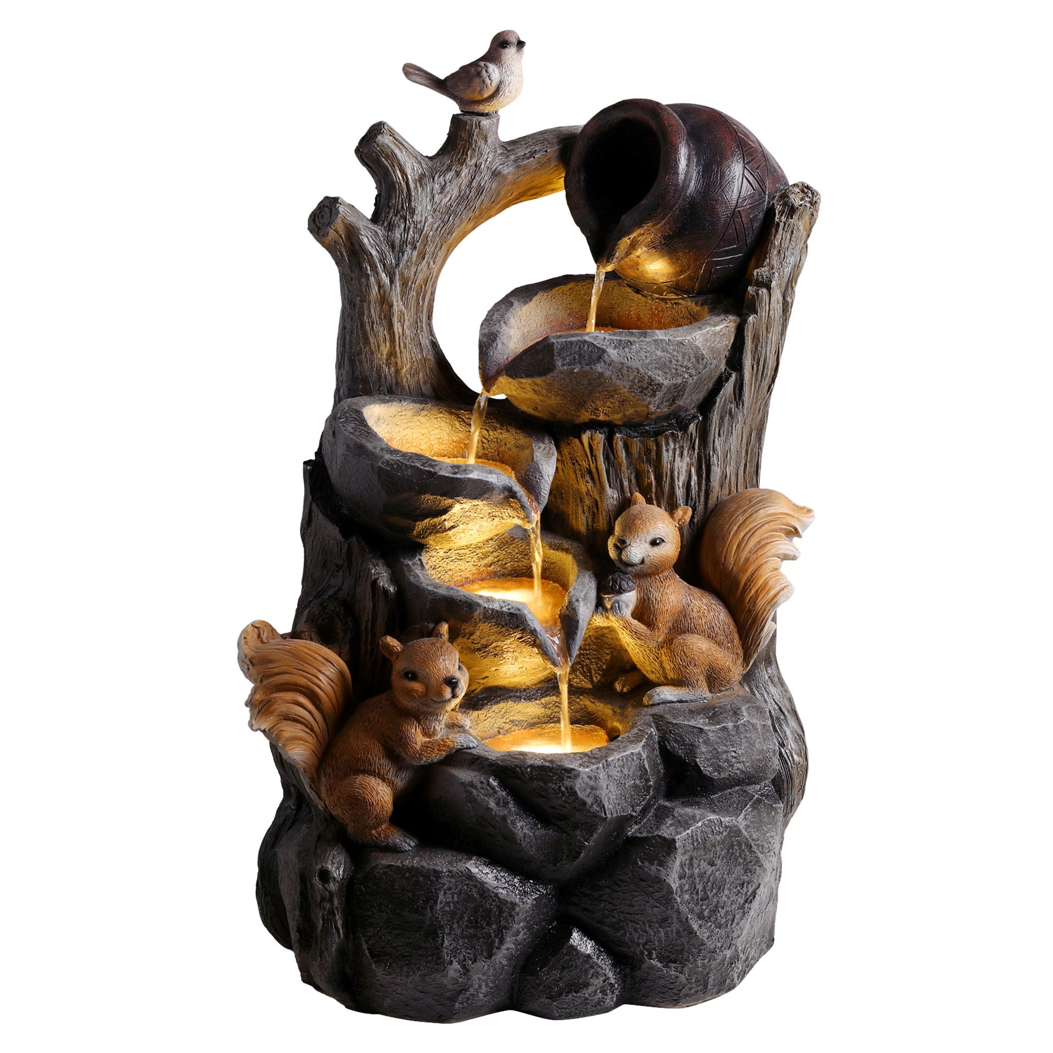Outdoor Squirrel, Tiered Waterfall Fountain With LED Light For Patio - Gray