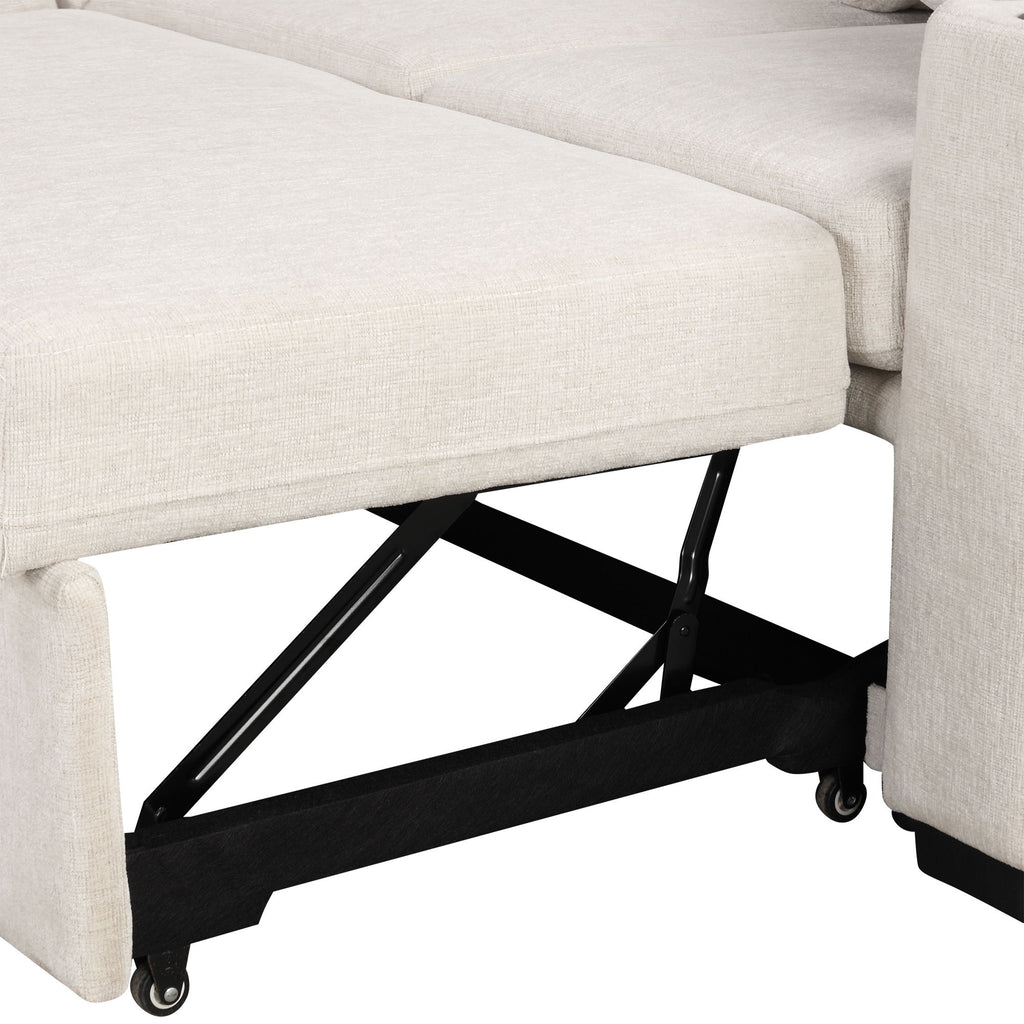 Modern U-Shaped Sectional Sofa Convertible Pull-Out Sofa Bed With USB Ports And Cup Holders