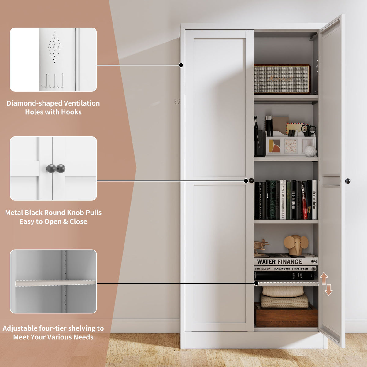 Kitchen Pantry Cabinet Adjustable Storage With 4 Shelves, Heavy Duty Freestanding Pantry Organizer - White