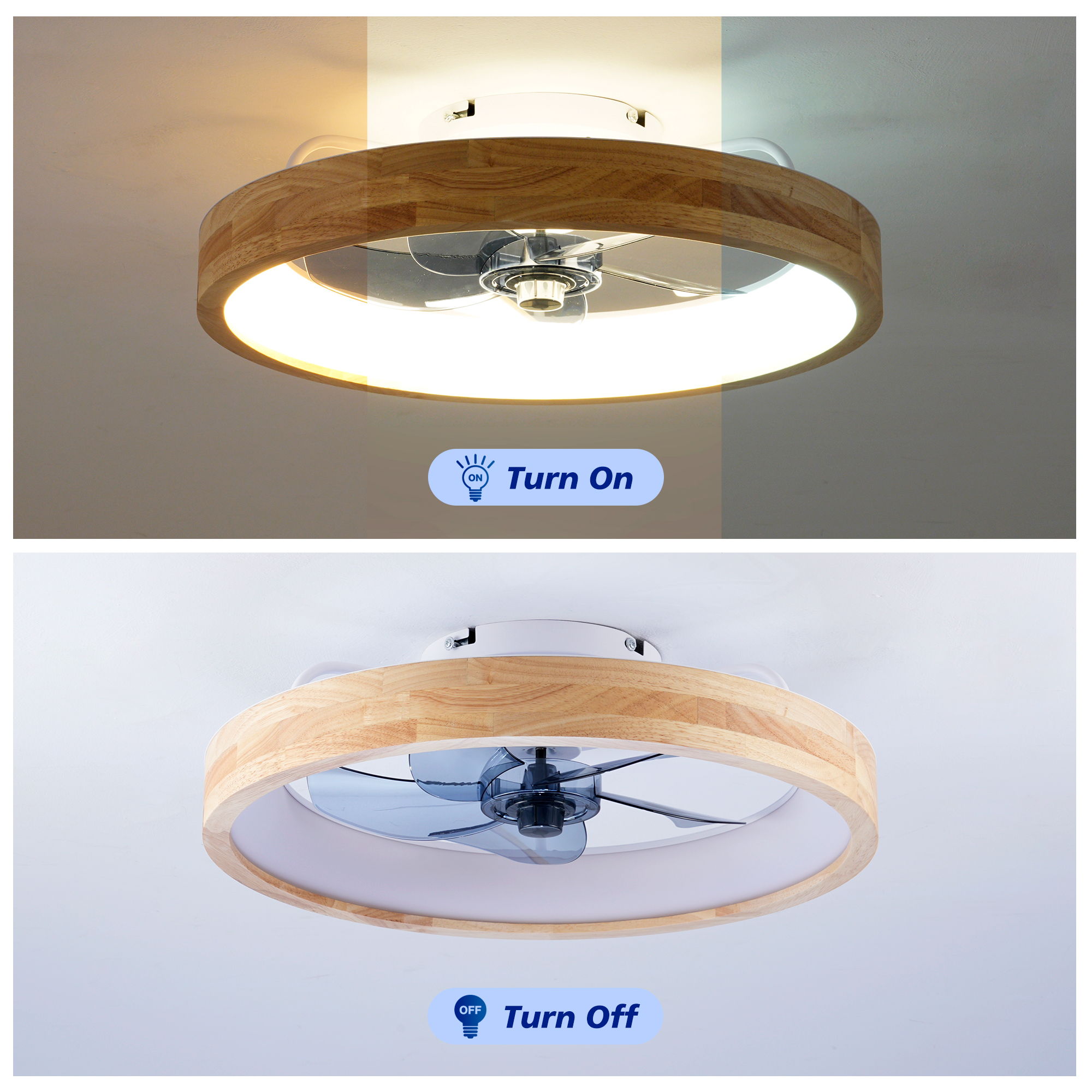 Ceiling Fans With Lights And Remote, 3000 - 6500K Dimmable Flush Mount LED Fan Light, 6 Speeds, Quiet DC Motor For Living Room - Matte White / Natural Wood