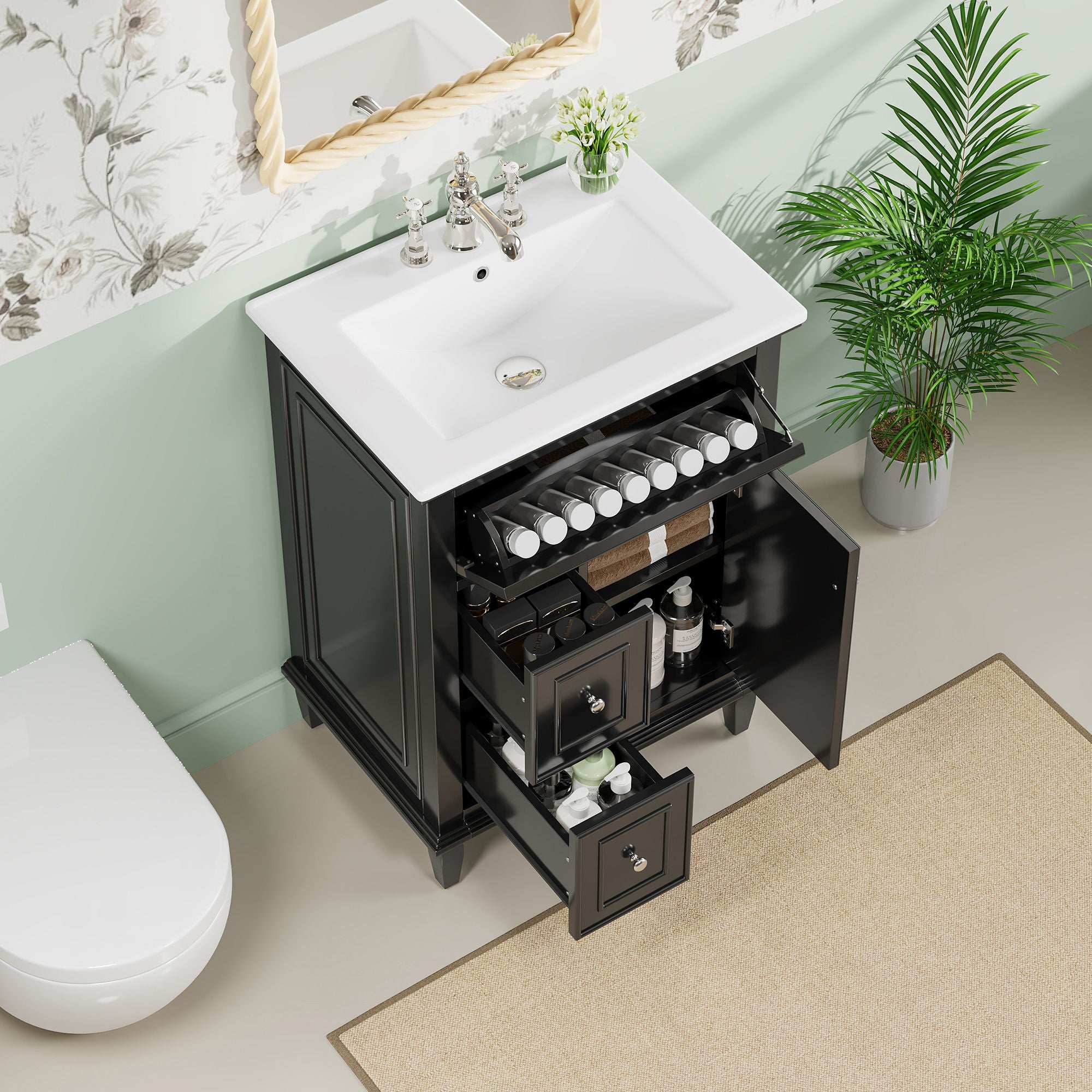 Modern Bathroom Vanity With Sink, Adjustable Shelf, 1 Flip Drawer & 2 Drawers