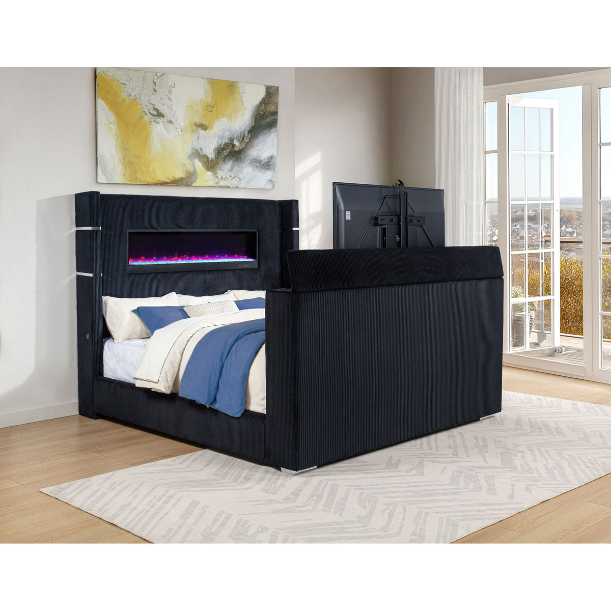Judah - Eastern King Wingback TV Bed With Motorized Lift And Flame Visualizer - Black
