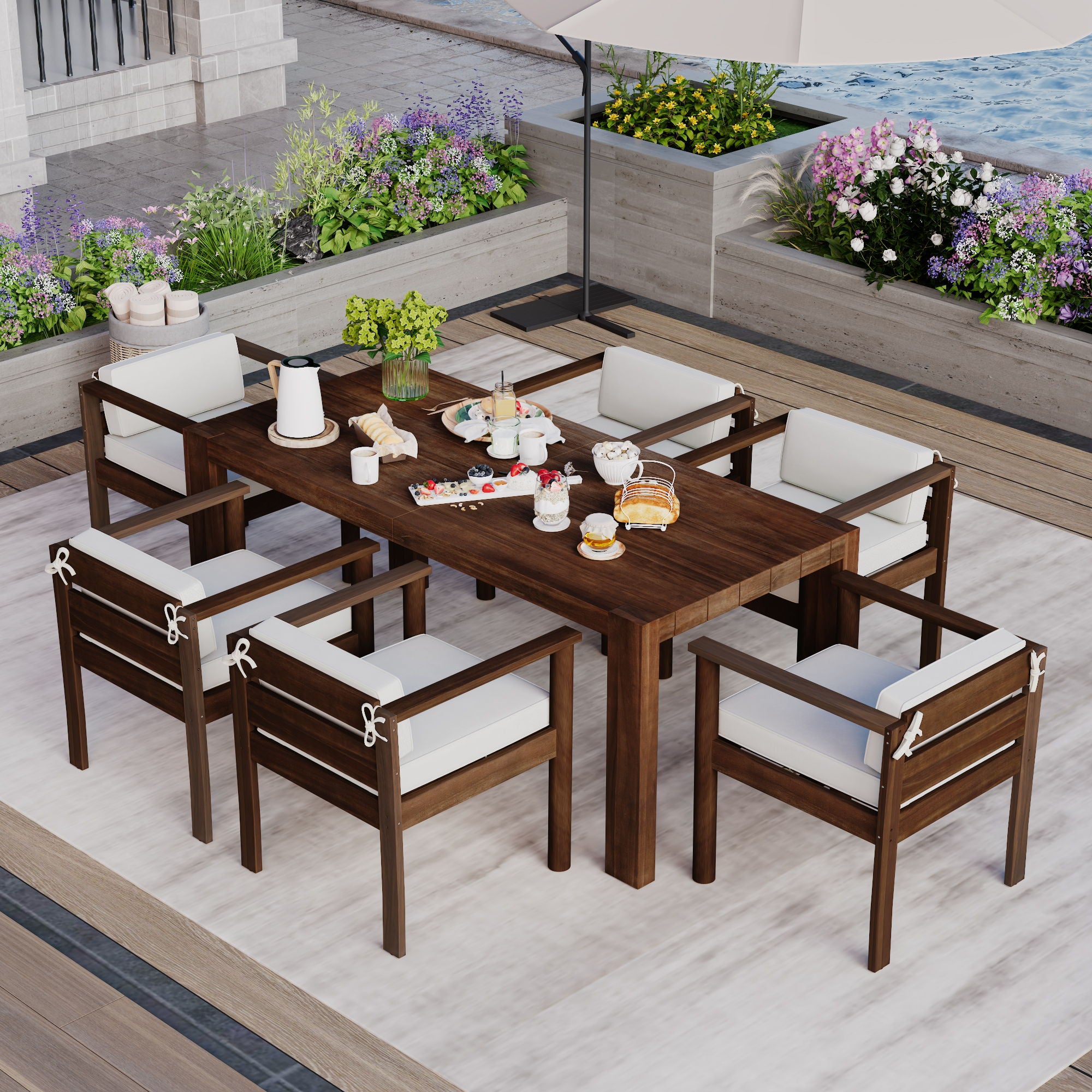 Rustic Patio Dining Set For 6 With Removable Cushions
