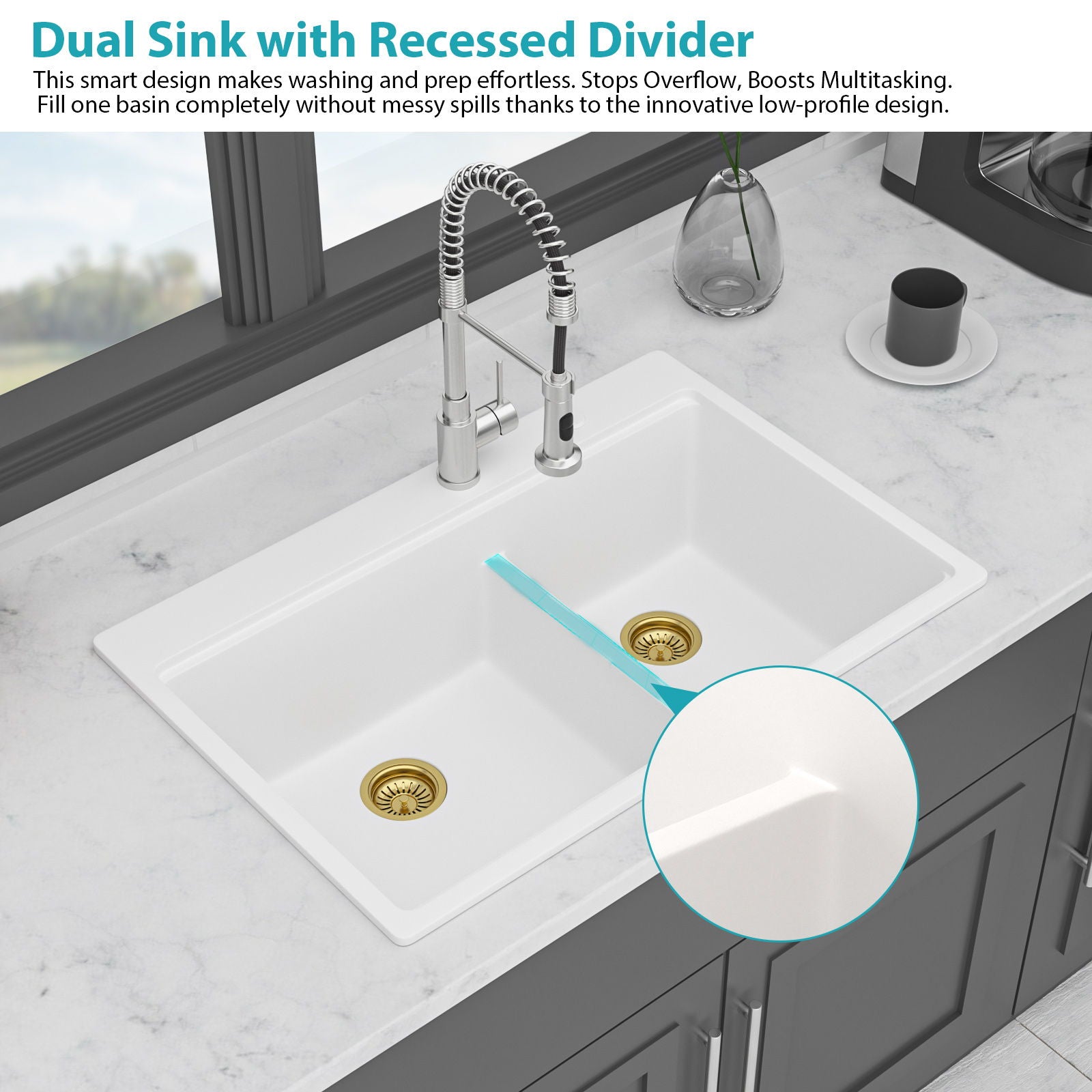 Quartz Kitchen Sink, Double Bowl Undermount Workstation