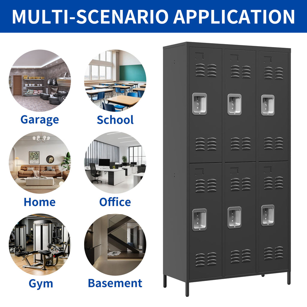 6 Door Lockers With Lock For Secure Storage - Black