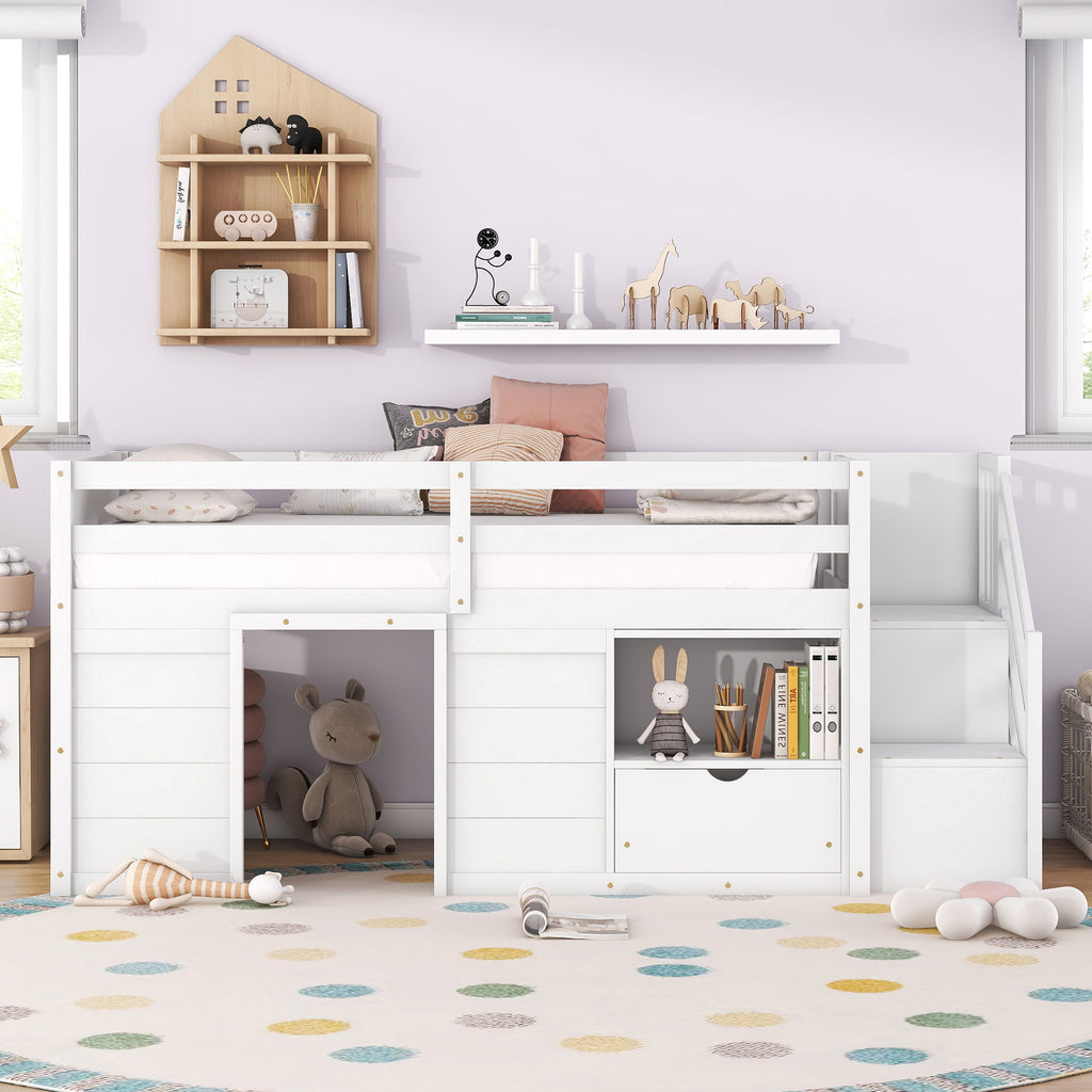 Low Loft Bed With Stair, Drawer, And Shelf
