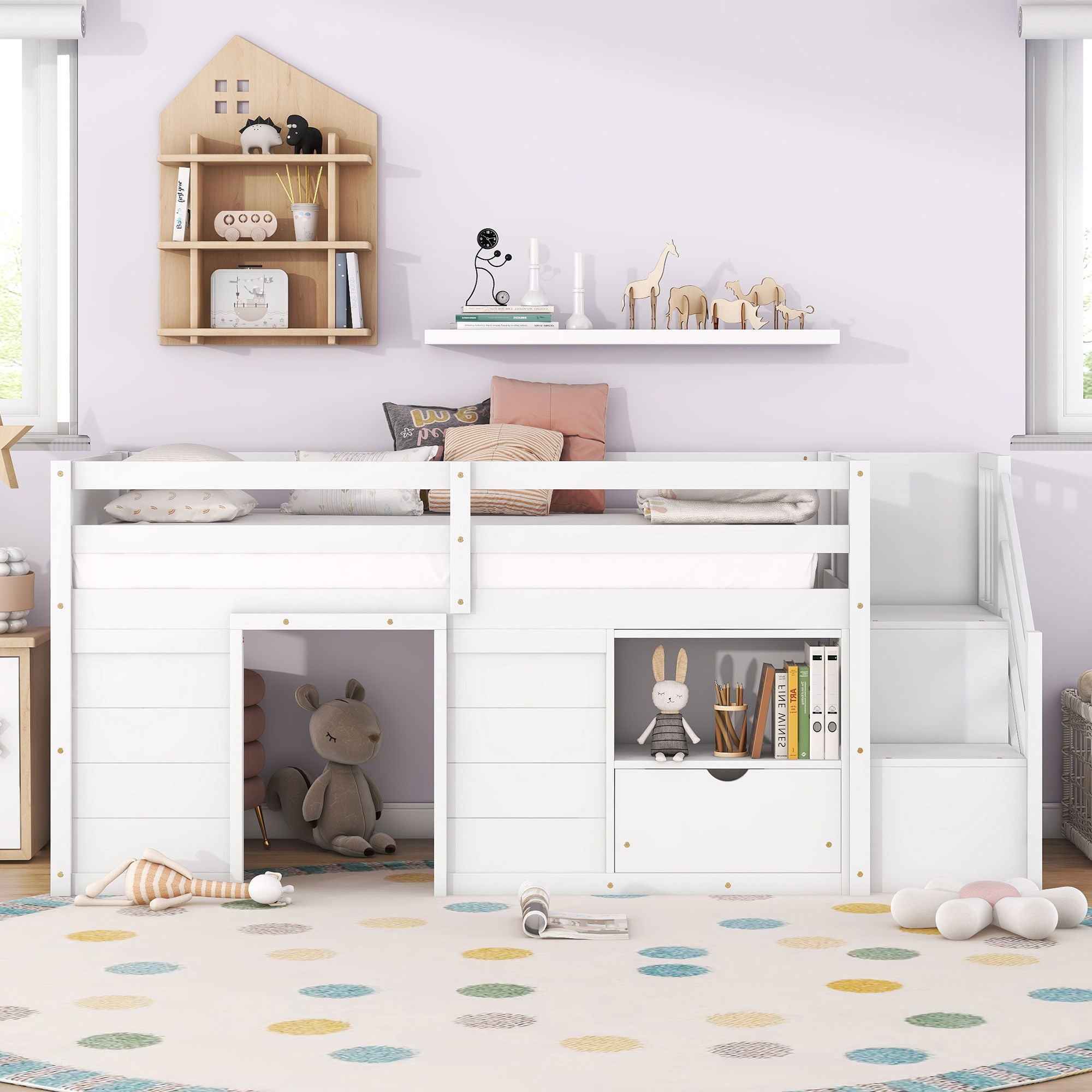 Low Loft Bed With Stair, Drawer, And Shelf
