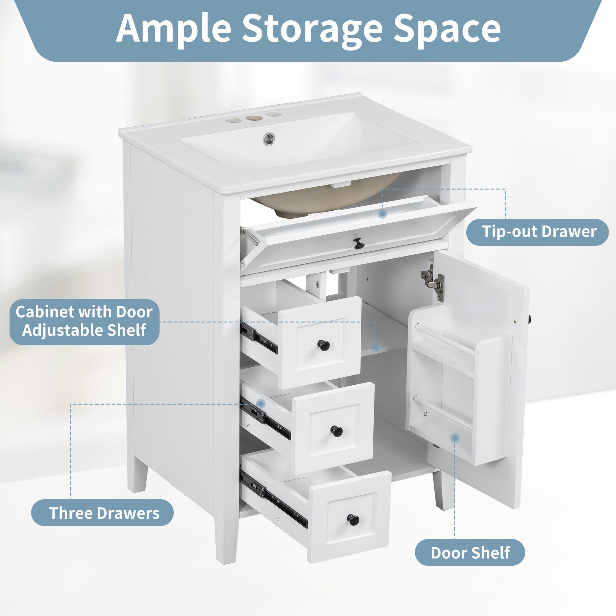 Bathroom Vanity With Sink, 3 Drawers & Cabinet With Adjustable Shelves