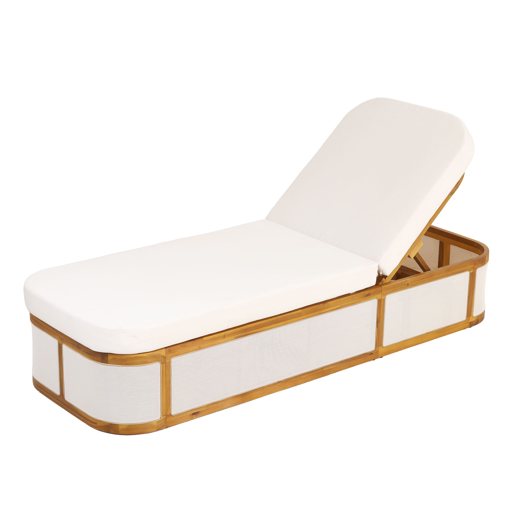 Chaise Lounge Set With 2 Fold Cushion, 3 Position Backrest - Beige / Cream / Teak