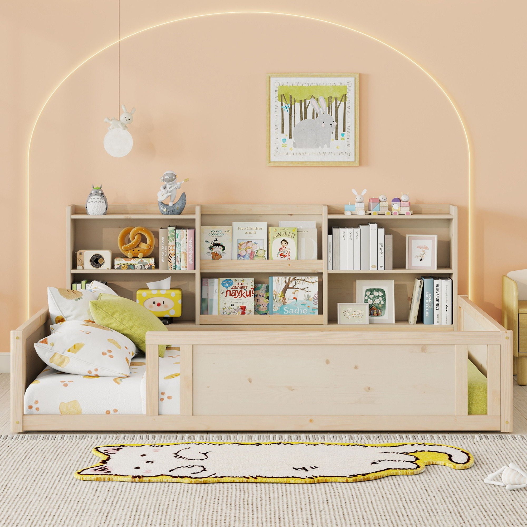 Platform Floor Bed With Guardrail Fence And Side Storage Shelves